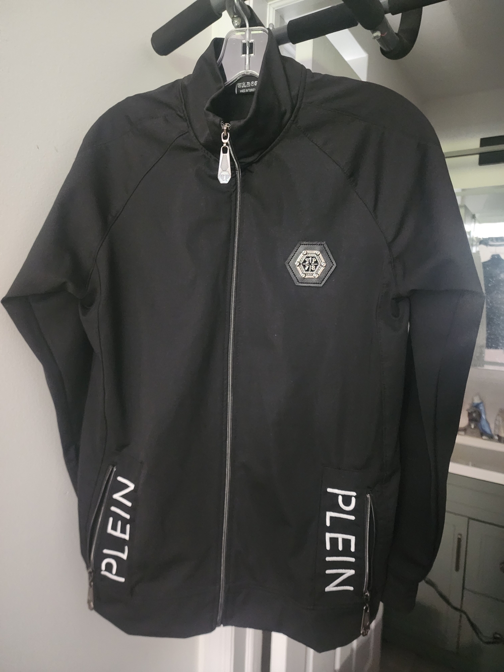 Black Full-Zip Athletic Jacket with White Logo Accents